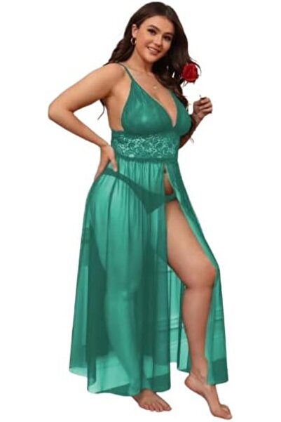 Lamis Nawar Lingerie Lamis Noir - Sheer Turquoise Lace Nightgown, One Size (Model 2266)