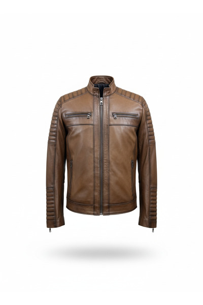 VELZANA Erkek Hakiki Kuzu Derisi Biker Deri Ceket – Kahverengi