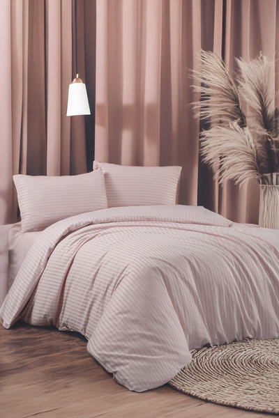 evdehome Set de lenjerie de pat dublă din bumbac cu dungi din satin |   Husă ...