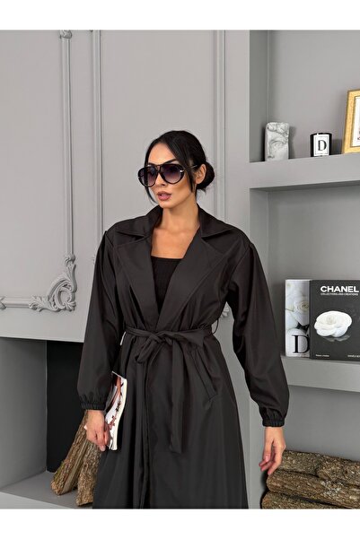 MevaMoss Γυναικεία καμπαρντίνα με μαύρο μπαλόνι με δεμένη μέση