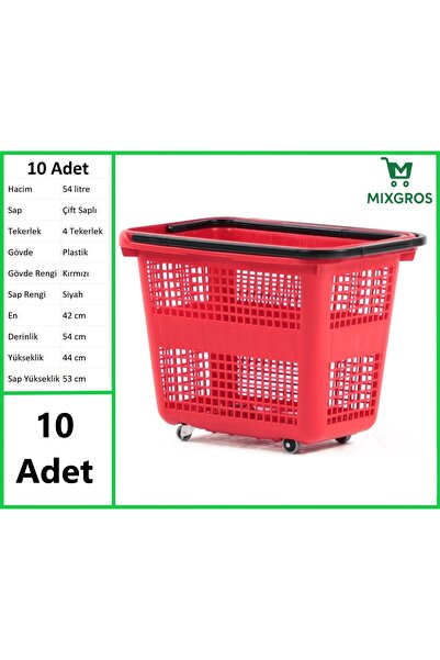 Tekerlekli Plastik Market Alışveriş El Sepeti 54 Litre Kırmızı 10 Adet
