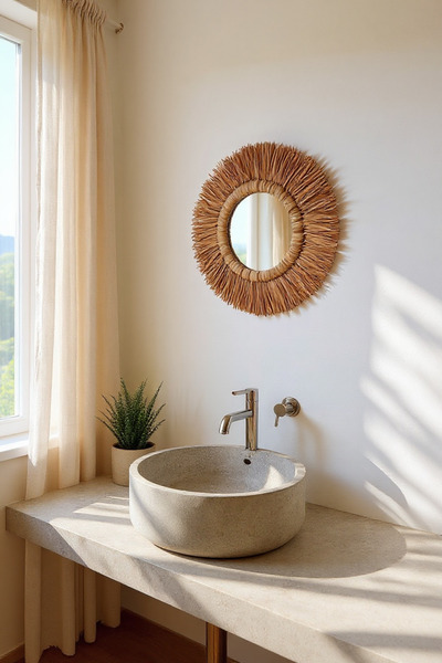 MANOADECO Doğal Rafya Güneş Ayna – El Yapımı Bohem Duvar Dekoru