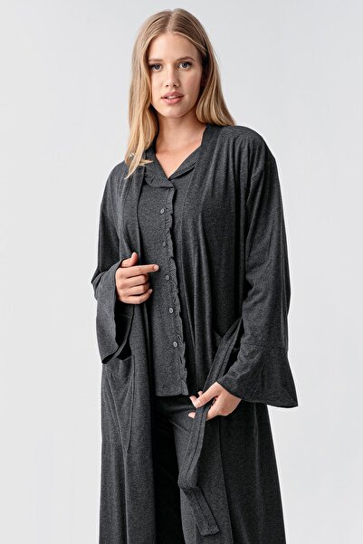 Artış Kadın Uzun Kollu Düğmeli Esnek Pamuklu Sabahlık Pijama Takımı