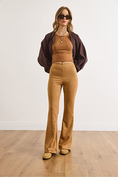 Olalook Women's Camel Spanish Leg Lycra Suede Trousers Pnt-19000372