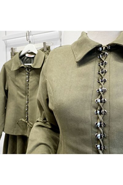 Faya Boutique Haki Yeşili Bağcık Detaylı Süet Takım