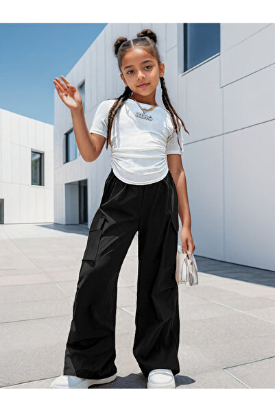 Take Two By Styli Girls Solid Ruching Detail T-Shirt and Cargo Pants Set