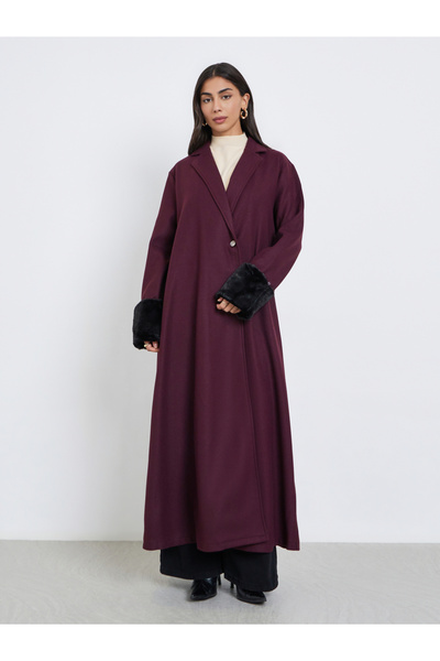 Styli Collared Abaya with Faux Fur Trim Cuff