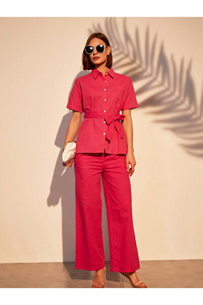 Take Two By Styli Women Solid Button Front Belted Shirt and Pants Co-Ords