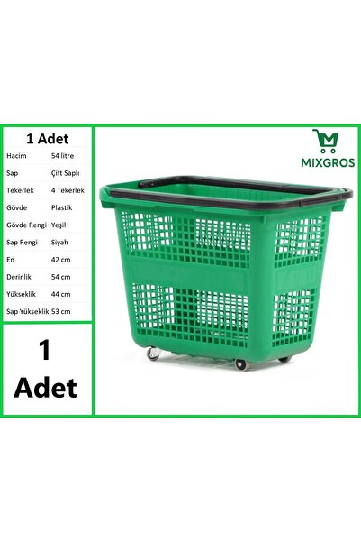MİXGROS Tekerlekli Plastik Market Alışveriş El Sepeti 54 Litre Yeşil 1 Adet
