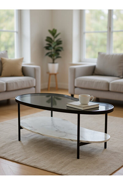 Living طاولة مموجة بطبقتين من الزجاج والخشب بلمسة رخامية، 108*40 سم