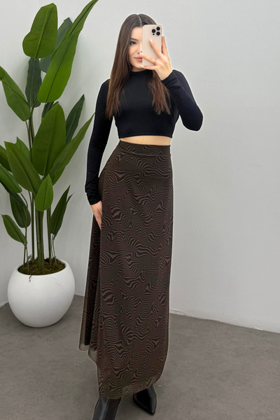 Bipantolon Women's Brown Thin Wave Printed Tulle Skirt with Back Elastic Detail and Zipper