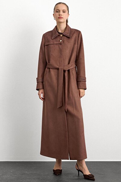 Olcay Hemd mit Kragen und Stickerei, detaillierter Wildleder-Look, Übergrößen-Mantel, BRAUN 6785