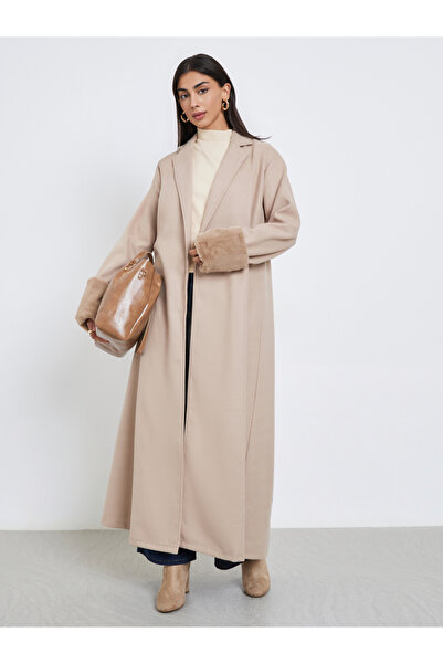 Styli Collared Abaya with Faux Fur Trim Cuff