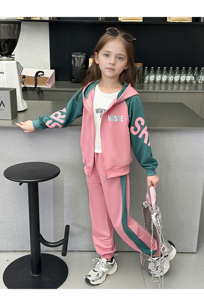 Take Two By Styli Girls Pink Color Block Hooded Jacket and Joggers Set