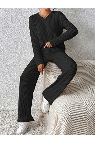 Take Two By Styli Black Ribbed Knit Top and Pants Co-Ords