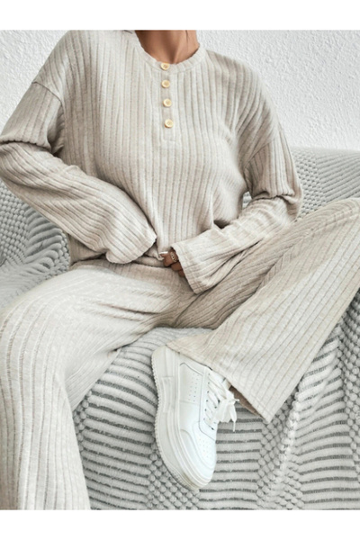 Take Two By Styli Beige Ribbed Knit Relaxed Fit T-Shirt and Pants Co-ords