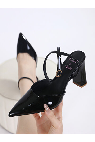 Sneak-a-Peek By Styli Plain Pointed Toe Ankle Strap Block Heel Pumps