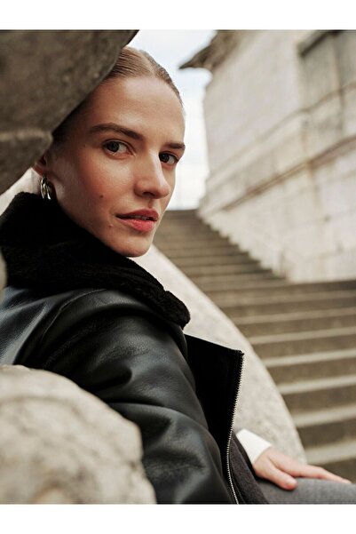 LC Waikiki LCW Modest Women's Biker Collar Plain Leather Look Coat