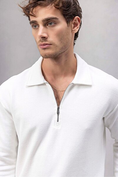 Valiberta Eric Relax Fit Півзастібка-блискавка Поло-комір Селонік Тканина Чоловічий Світшот - Екрю
