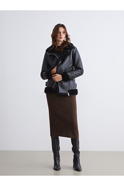 LC Waikiki LCW Vision Biker Yaka Kadın Deri Görünümlü Mont