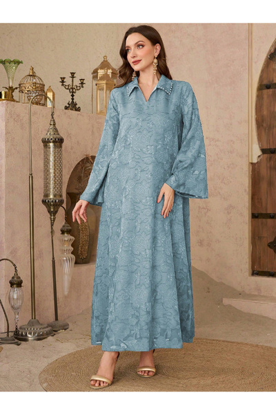 Take Two By Styli Blue Jacquard Embellished Collar Jalabiya