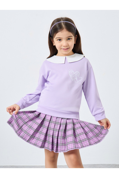 Styli Girls Lilac Long Sleeve Top and Checked Skirt Set