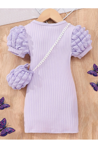 Take Two By Styli Girls Purple Knit Dress with Sling Bag