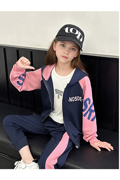 Take Two By Styli Girls Navy Color Block Hooded Jacket and Joggers Set