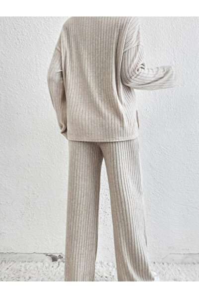 Take Two By Styli Beige Ribbed Knit Relaxed Fit T-Shirt and Pants Co-ords