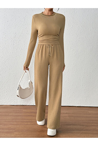 Take Two By Styli Textured Fitted Top and Wide Leg Pants Co-Ords