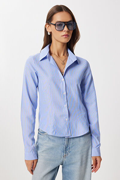 Lovelyİstanbul Waist-Sitting Striped Woven Shirt Ldz0058 Blue White