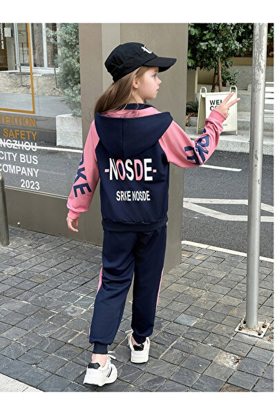 Take Two By Styli Girls Navy Color Block Hooded Jacket and Joggers Set