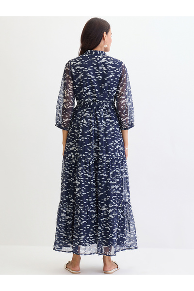 Styli Navy All Over Print Tiered Maxi Dress