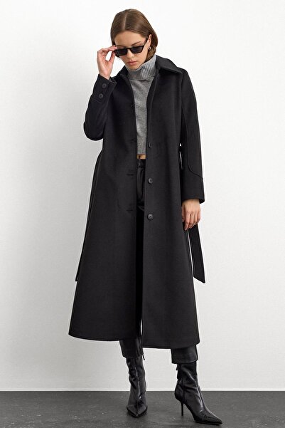 Olcay Shirt Collar Waist-Tied Long Coat Black 3152