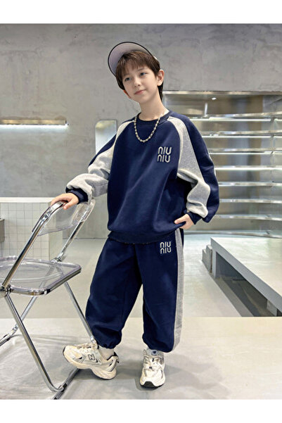 Take Two By Styli Teens Navy Color Block Sweatshirt and Joggers Set