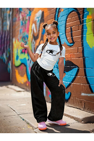 Take Two By Styli Girls Star Print Ruched T-Shirt and Pants Set