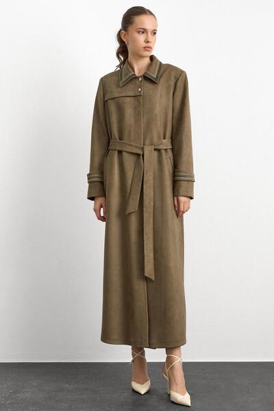 Olcay Shirt Collar Embroidery Detail Suede Look Oversized Top Coat A.Haki 6785