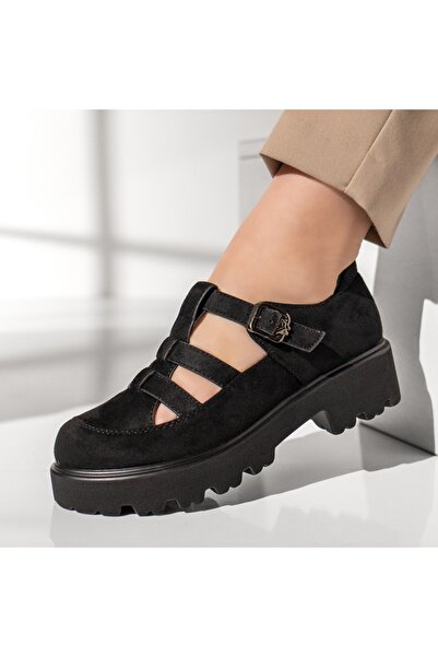 Modlet.ro Pantofi sport damă negri din piele întoarsă cu talpă groasă și bare...