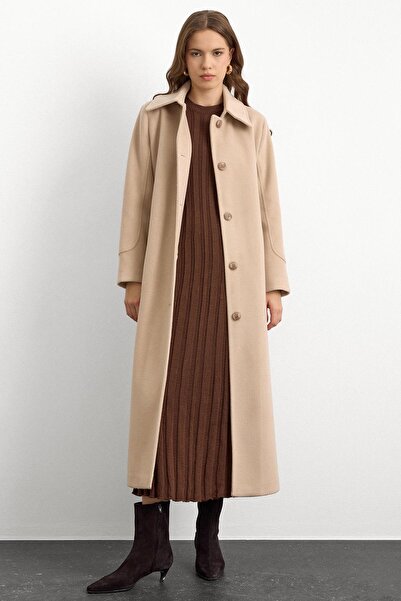 Olcay Shirt Collar Waist-Tied Long Coat Beige 3152