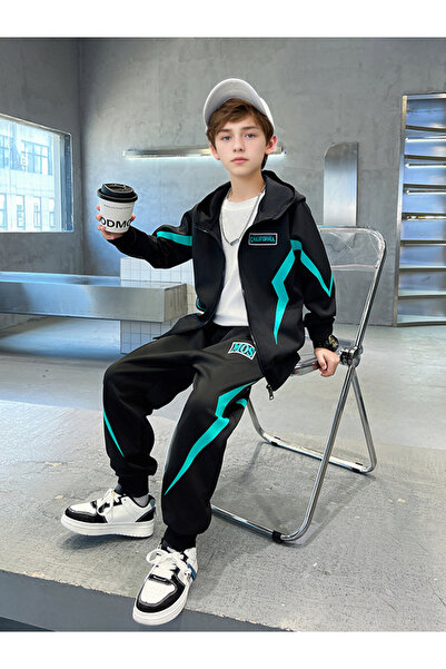 Take Two By Styli Teens Black Printed Panel Jacket and Joggers Set