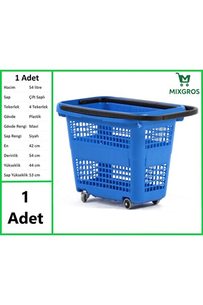 MİXGROS Tekerlekli Plastik Market Alışveriş El Sepeti 54 Litre Mavi 1 Adet