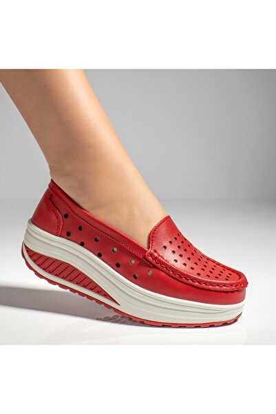 Modlet.ro Women's red perforated leather platform casual shoes MOD03748