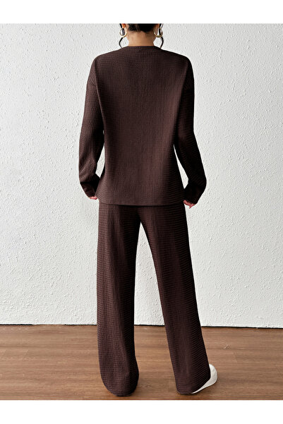 Take Two By Styli Textured V Neck Top and Straight Leg Pants Co-Ords