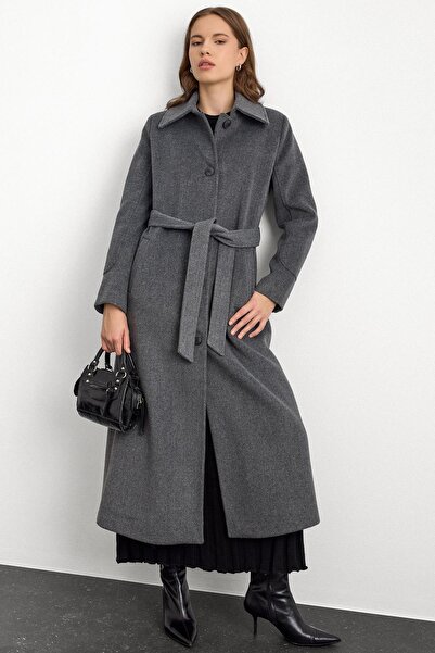 Olcay Shirt Collar Waist-Tied Long Coat Dark Gray 3152