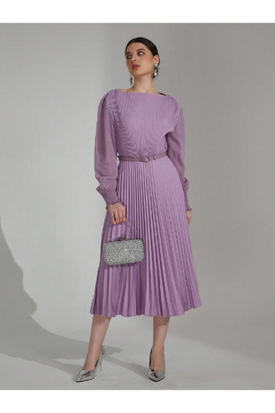 Take Two By Styli Purple Pleated Midi Dress with Belt