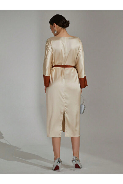 Take Two By Styli Beige Contrast Cuff Midi Dress with Tie Belt