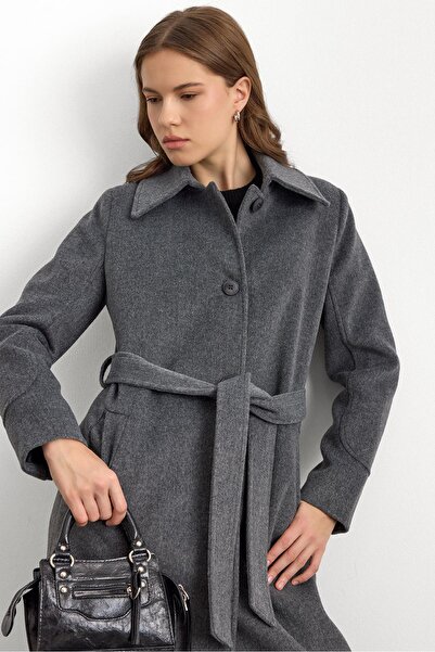 Olcay Shirt Collar Waist-Tied Long Coat Dark Gray 3152