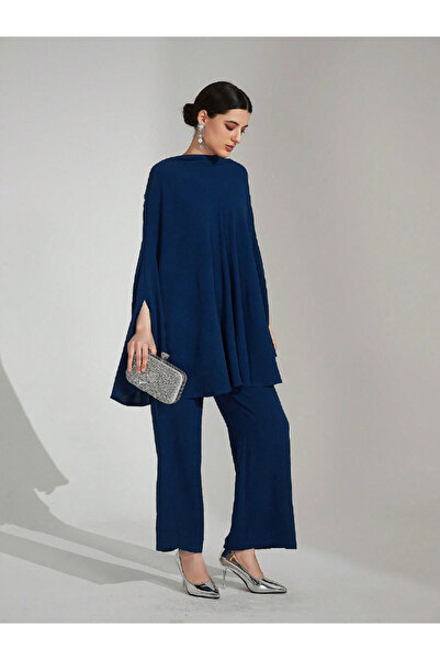 Take Two By Styli Navy Blue Knit Cape Top and Trousers Co-ords
