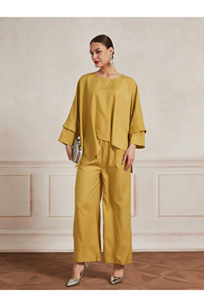 Take Two By Styli Mustard Asymmetric Hem Top and Wide Leg Pants Co-Ords