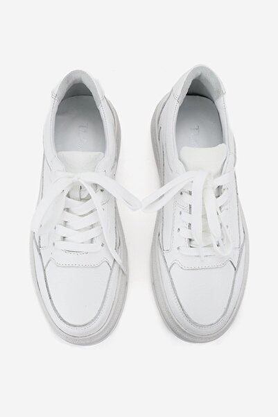 TUNAELLİ Women's White Genuine Natural Leather Size 36-41 Lace-Up Sneaker Shoes